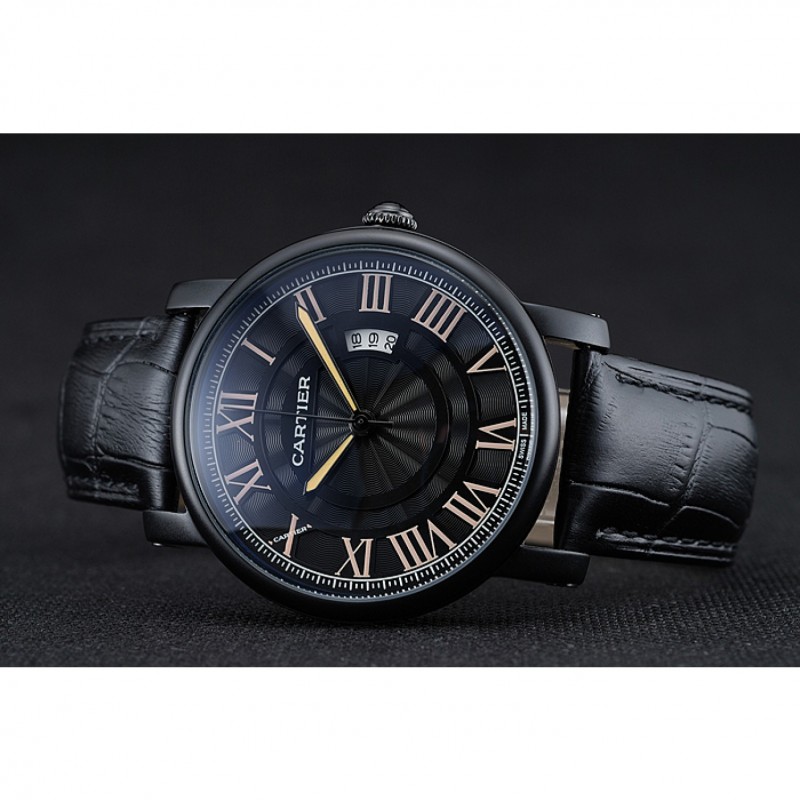 Replica Cartier Rotonde Black Dial Black Case Black Leather Bracelet Watches