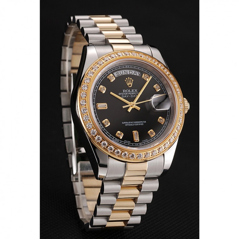 Identical Rolex Replica: Swiss Rolex Day-Date Black Dial Gold Diamond Case Replica