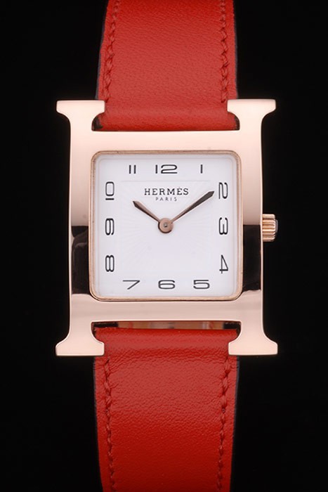 Hermes Heure H Rose Gold Bezel White Dial Red Leather Strap 80233