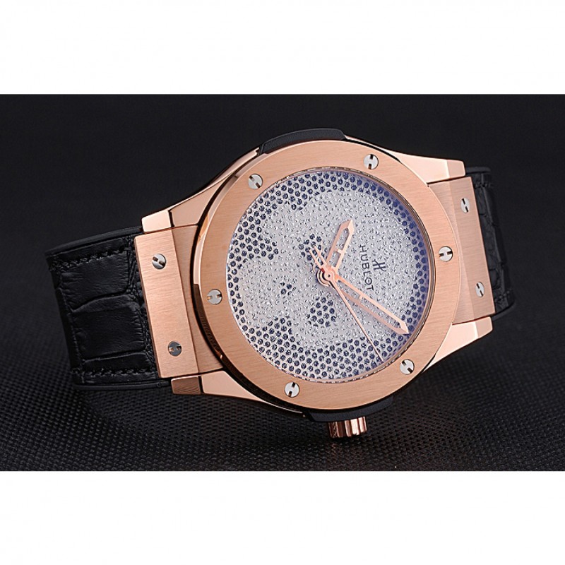 Hublot Classic Fusion Diamond Skull Dial Gold Case Black Leather Strap 622816 Replica Watches